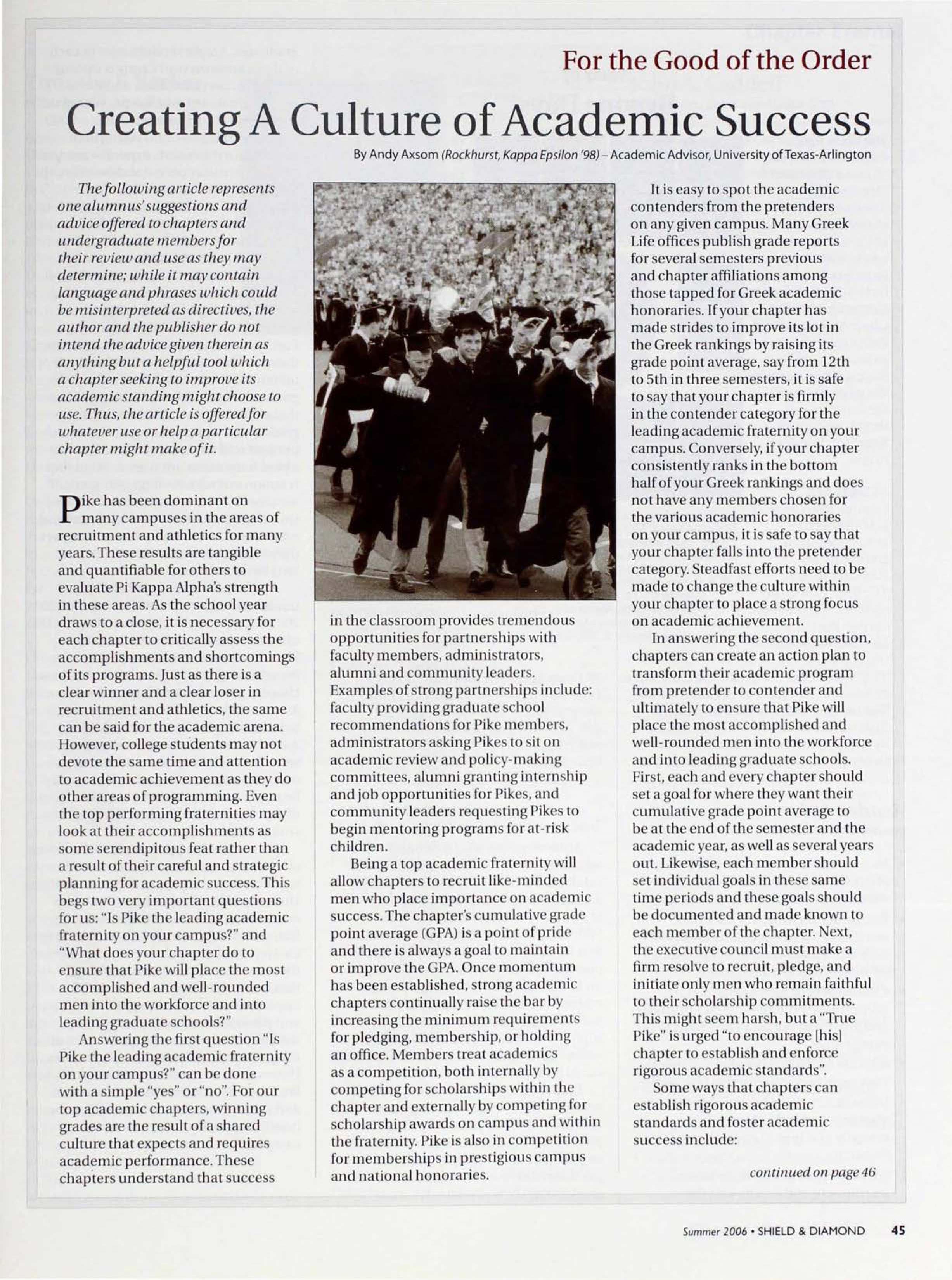 For The Good Of The Order: Creating A Culture Of Academic Success